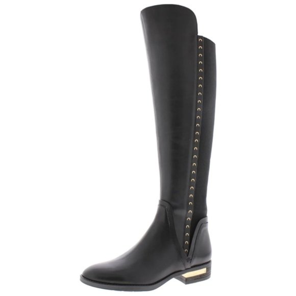 Vince Camuto Black Over-the-Knee Riding Boots with Gold Eyelet Trim